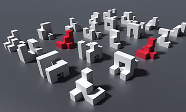 Dieses Bild zeigt verschieden geformte Elemente, wobei zwei identische, rot eingefärbte Software Klone symbolisieren sollen, die im Zuge des Klon Management der Axivion Suite gefunden werden.