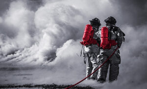 Dieses Bild zeigt zwei Feuerwehrmännder beim Löschen und symbolisiert Safety für Axivion.