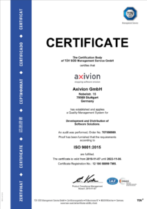 This picture shows the TUEV Sued Certificate of Axivion for ISO 9001:2015